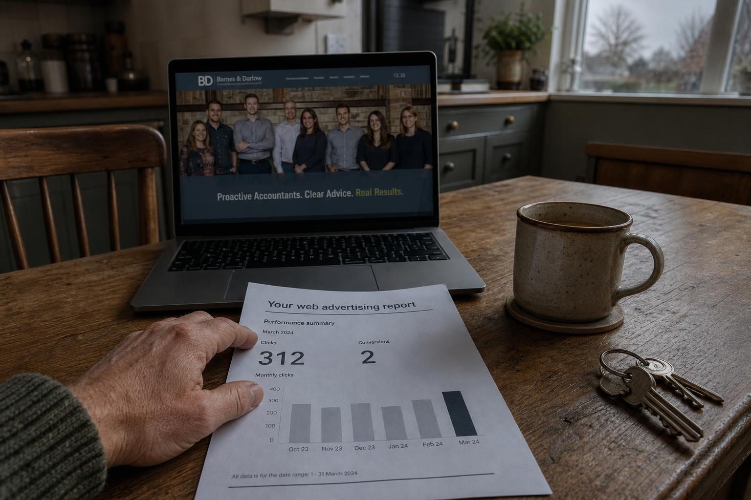 The advert report on Gary's kitchen table, 312 visitors and 2 enquiries, his new website glowing on the laptop beside it
